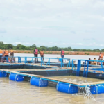 Barrage de Pô Kapro avec les cages flottantes destinées à la pisciculture